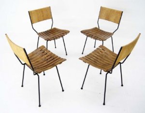 Mid Century Modern 4 Arthur Umanoff Wire Frame Rush Back Slot Wood Seats Chairs