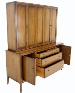 2 Part Mid Century Danish Modern Breakfront Sideboard Credenza Cabinet Walnut