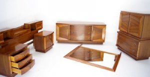 Danish Mid Century Modern Walnut Dresser Chest Nightstands Headboard Bedroom