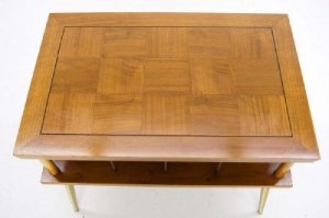 Danish Mid Century Modern Lane Parquetry Top Brass Legs Two Tier End Table