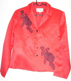 Red Silky Jacket with Black Lace Roses