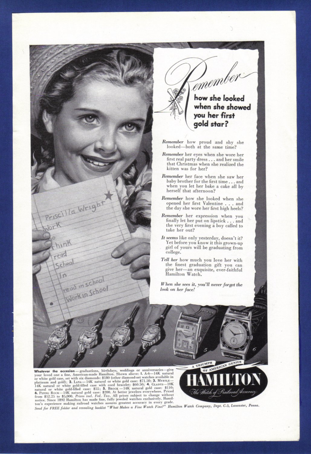 1949 HAMILTON WATCH Vintage Magazine Print Ad