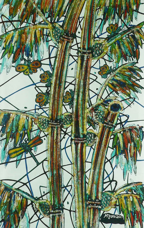Original Batik Art Painting on Cotton, 'Bamboo' by M. Yono (45cm x 75cm)