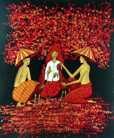 Original Batik Art Painting on Cotton, 'Cocks and People' by Mohsein (75cm x 90cm)