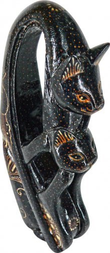 Hand-crafted Wood Figurine with Batik Motives, Loving Cat Couples