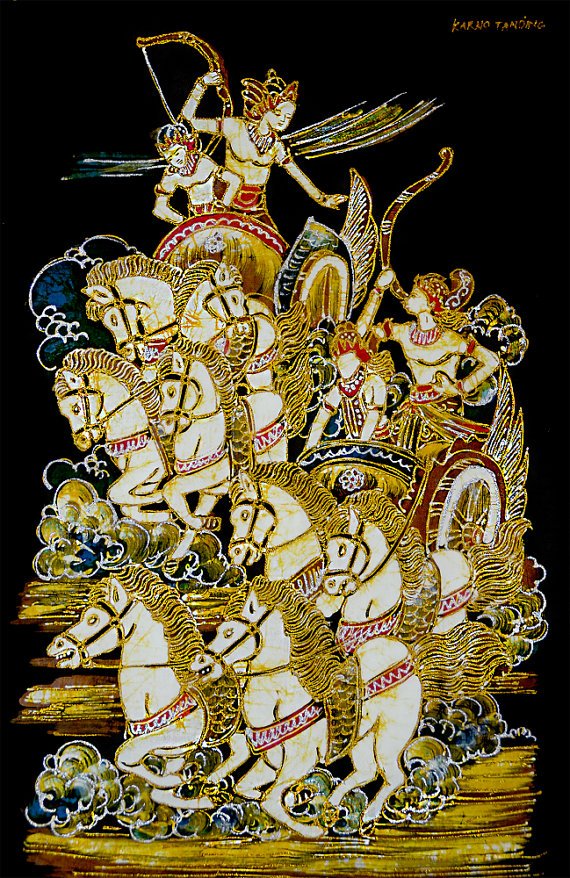 Original Batik Art Painting on Cotton, 'Traditional Horse Chariot Racing' by Wahid (45cm x 75cm)
