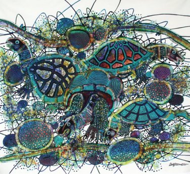 Original Batik Art Painting on Cotton, 'Sea Turtles' by M. Yono (100cm x 90cm)