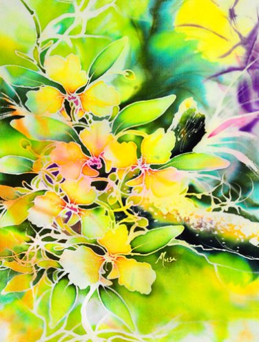 Original Batik Art Painting on Silk, 'Exotic Orchids' by Musa (21cm x 30cm)