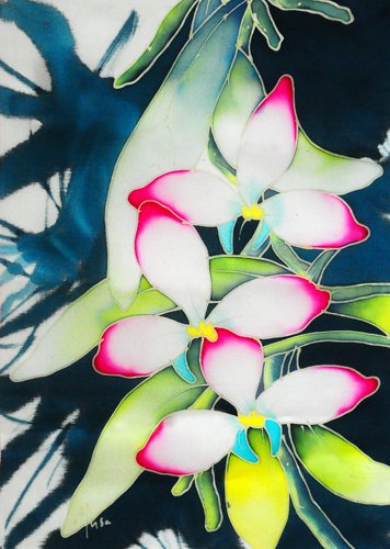 Original Batik Art Painting on Silk, 'Exotic Orchids' by Musa (21cm x 30cm)