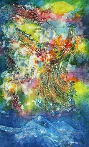 Original Batik Art Painting on Cotton, 'Dragon and Phoenix' by Kapitan (90cm x 150cm)