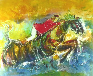 Original Batik Art Painting on Cotton, 'The Jockey' by Kapitan (90cm x 75cm)