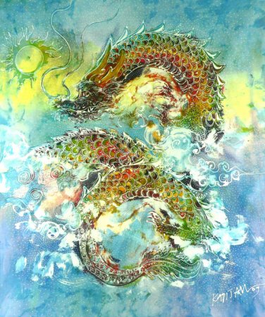 Original Batik Art Painting on Cotton, 'Warrior Dragon' by Kapitan (75cm x 90cm)