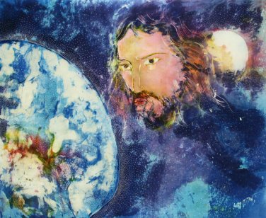 Original Batik Art Painting on Cotton, 'Jesus with Earth' by Kapitan (90cm x 75cm)