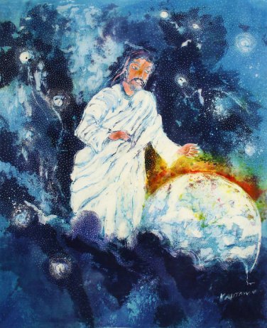Original Batik Art Painting on Cotton, 'Jesus with Earth' by Kapitan (75cm x 90cm)
