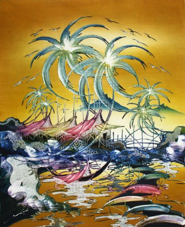 Original Batik Art Painting on Cotton, 'Fishing Village' by Jeffri (75cm x 90cm)