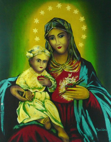 Original Batik Art Painting on Cotton, 'Virgin Mary with Baby Jesus' by Hamidi (75cm x 90cm)