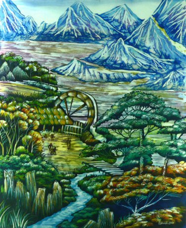 Original Batik Art Painting on Cotton, 'Highlands' by Hamidi (75cm x 90cm)
