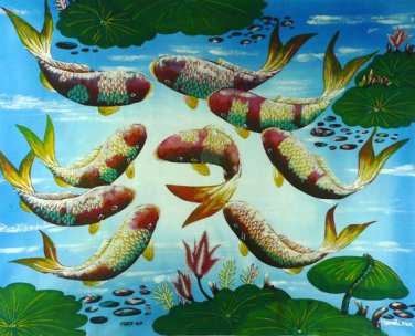 Original Batik Art Painting on Cotton, 'Koi Fish' by Hamidi (90cm x 75cm)