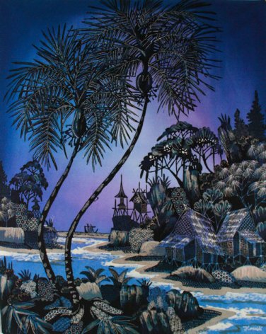 Original Batik Art Painting on Cotton, 'Village Scenery' by Hamidi (75cm x 90cm)