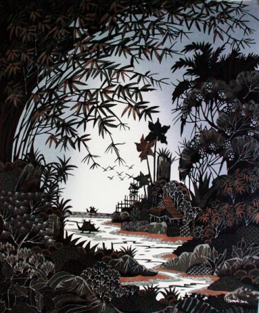 Original Batik Art Painting on Cotton, 'Village Scenery' by Hamidi (75cm x 90cm)