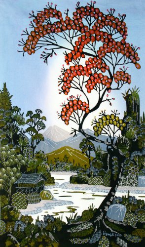 Original Batik Art Painting on Cotton, 'Village Scenery' by Hamidi (45cm x 75cm)