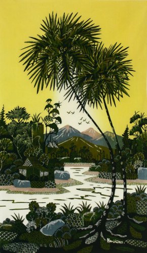 Original Batik Art Painting on Cotton, 'Village Scenery' by Hamidi (45cm x 75cm)