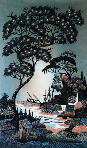 Original Batik Art Painting on Cotton, 'Village Scenery' by Hamidi (45cm x 75cm)