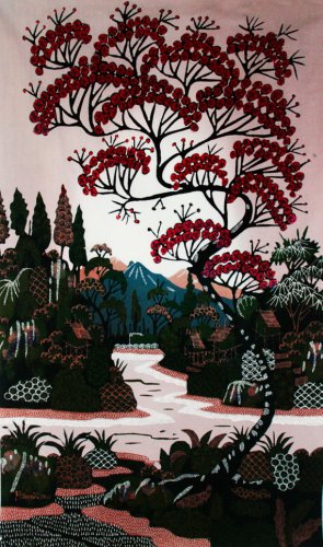Original Batik Art Painting on Cotton, 'Village Scenery' by Hamidi (45cm x 75cm)