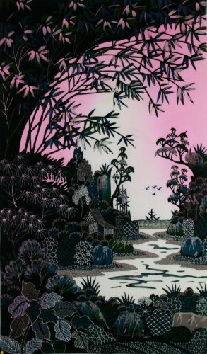 Original Batik Art Painting on Cotton, 'Village Scenery' by Hamidi (45cm x 75cm)