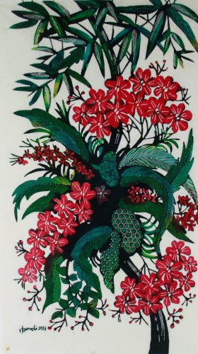 Original Batik Art Painting on Cotton, 'Wild Flowers' by Hamidi (45cm x 75cm)