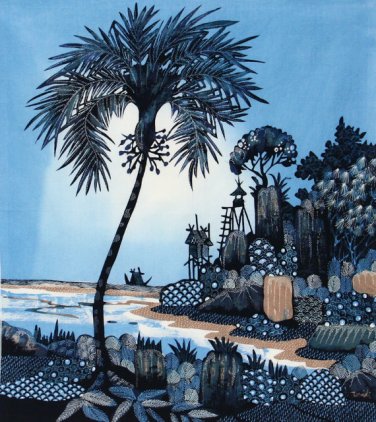 Original Batik Art Painting on Cotton, 'Village Scenery' by Hamidi (45cm x 50cm)