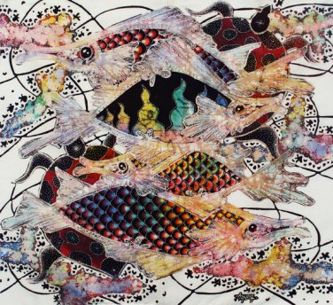 Original Batik Art Painting on Cotton, 'Fish and Longevity' by Agung (45cm x 50cm)