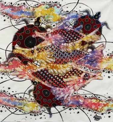 Original Batik Art Painting on Cotton, 'Fish and Longevity' by Agung (50cm x 45cm)