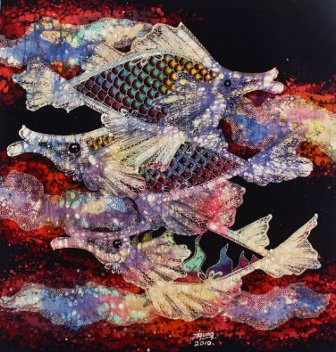Original Batik Art Painting on Cotton, 'Fish and Prosperity' by Agung (45cm x 50cm)