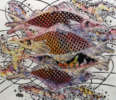 Original Batik Art Painting on Cotton, 'Fish and Prosperity' by Agung (45cm x 50cm)