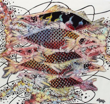Original Batik Art Painting on Cotton, 'Fish and Prosperity' by Agung (50cm x 45cm)