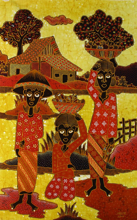 Original Batik Art Painting on Cotton, 'Fruit Sellers' by Agung (45cm x 75cm)