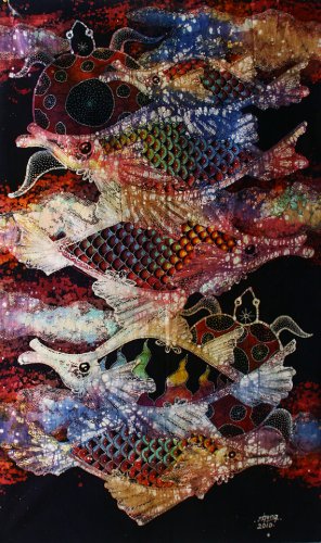 Original Batik Art Painting on Cotton, 'Fish and Longevity' by Agung (45cm x 75cm)
