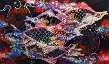 Original Batik Art Painting on Cotton, 'Fish and Longevity' by Agung (75cm x 45cm)