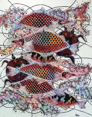 Original Batik Art Painting on Cotton, 'Fish and Longevity' by Agung (75cm x 90cm)