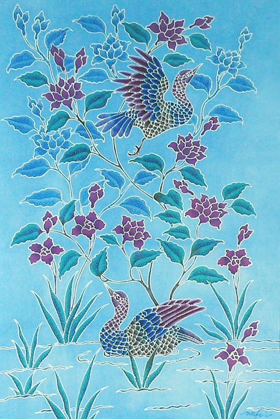 Original Batik Art Painting on Cotton, 'Oriental Wild Ducks' by Anfei (45cm x 75cm)