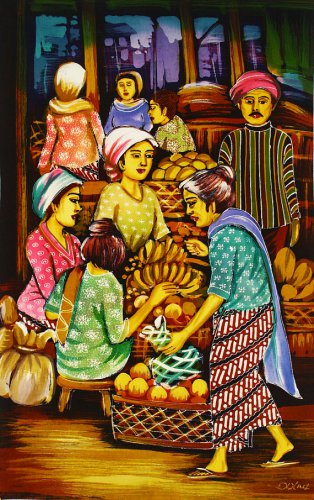 Original Batik Art Painting on Cotton, 'Market' by Dolah (45cm x 75cm)