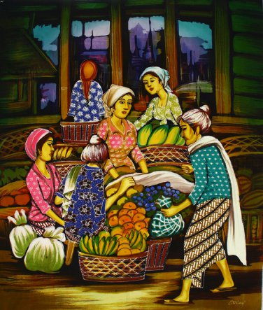 Original Batik Art Painting on Cotton, 'Market' by Dolah (75cm x 90cm)