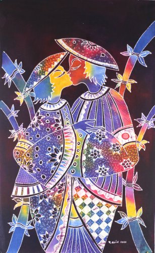 Original Batik Art Painting on Cotton, 'Kissing Couple' by Zabid (45cm x 75cm)