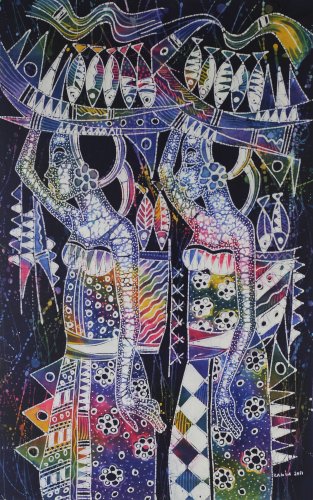 Original Batik Art Painting on Cotton, 'Ladies Carrying Basket of Fish' by Zabid (45cm x 75cm)