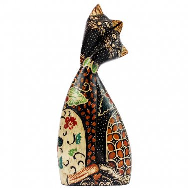 Hand-crafted Wood Figurine with Batik Motives, loving couple cats