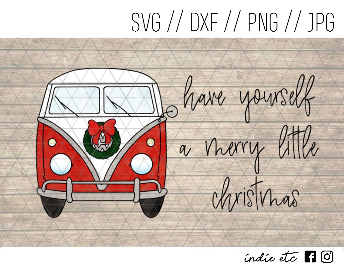 Merry Little Christmas VW Van Digital Art File Download Hand Drawn (svg, png, dxf, jpg, cut file)