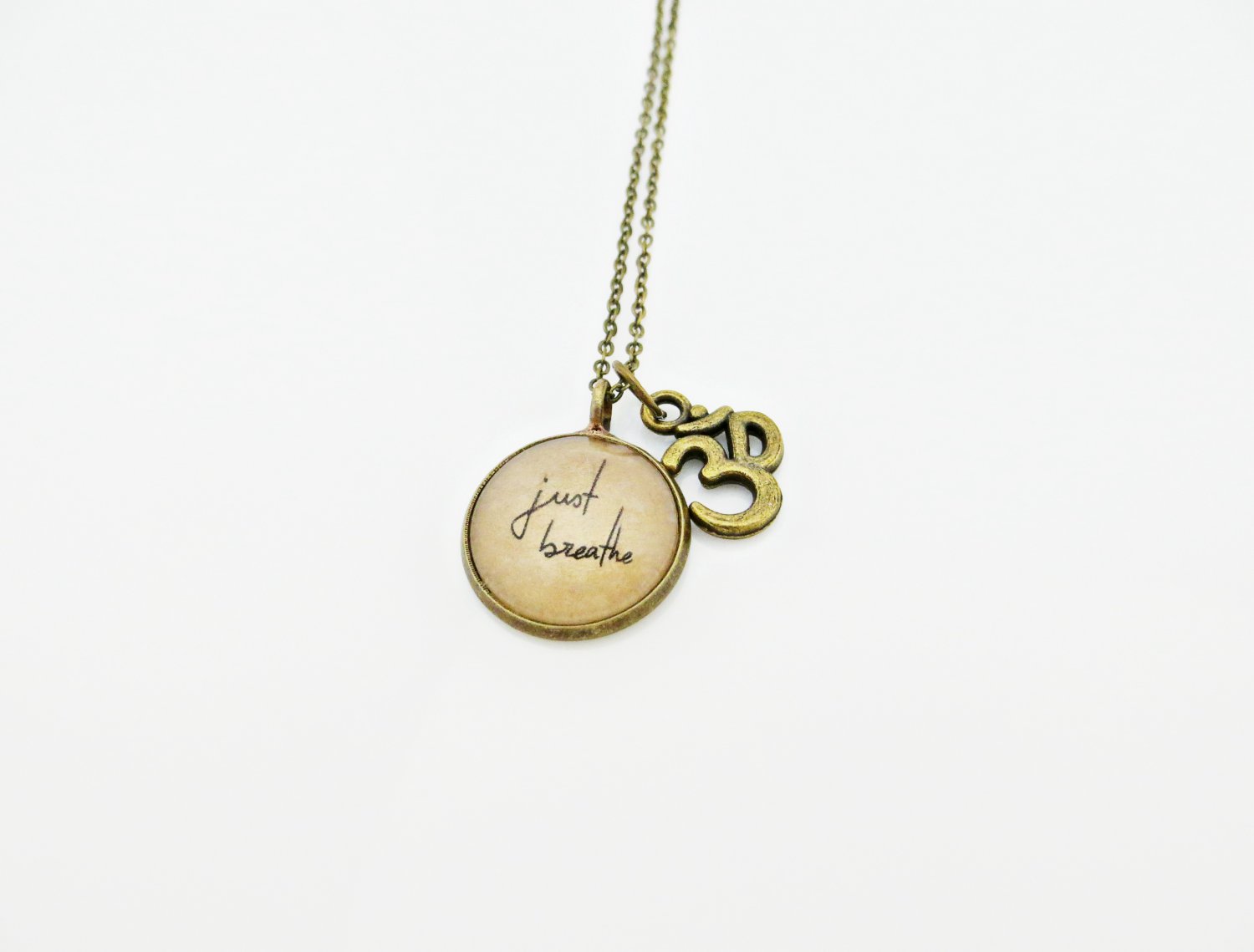 Just Breathe Inspirational Quote Pendant Necklace With Ohm Charm (Brass