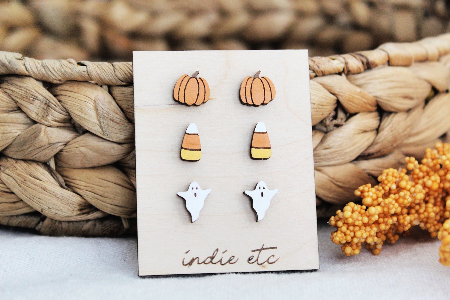 Halloween Earring Set of Wooden Pumpkin Earrings, Candy Corn Earrings, and Ghost Earrings