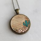Cactus Necklace with Hand Painted Floral Design (Wooden Pendant Necklace, Baltic Birch Necklace)